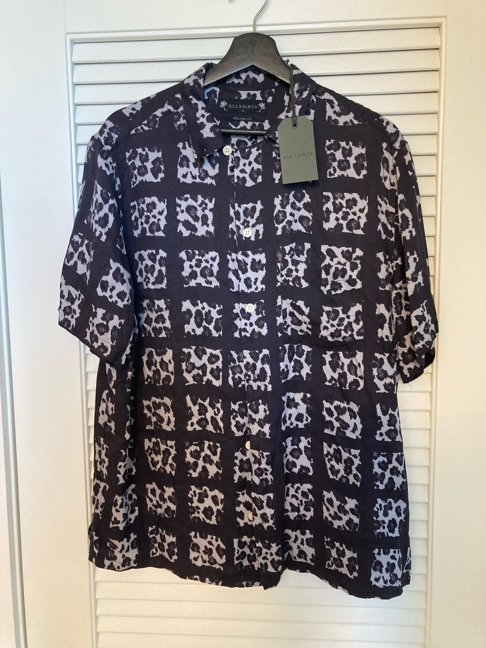 AllSaints Black & White Short-Sleeve Leopard Grid Button-Down Shirt